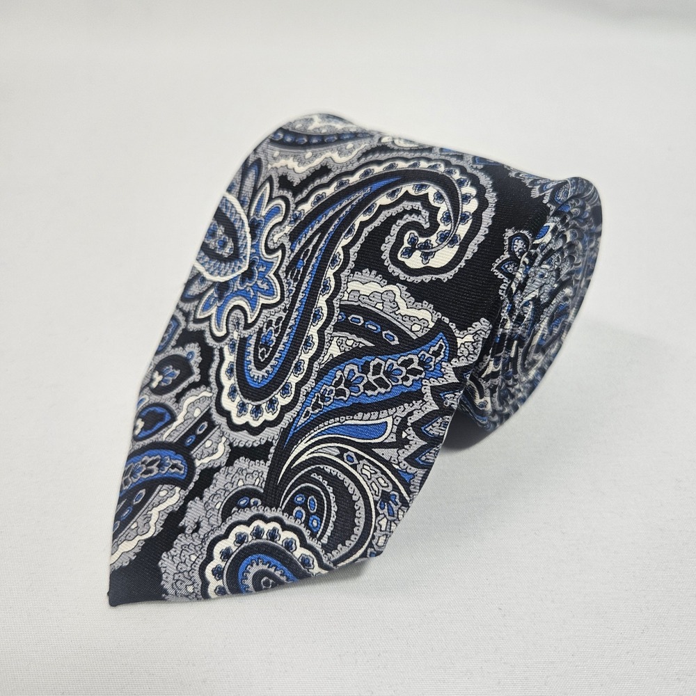 Crofts & Barrow Mens Paisley Silk Necktie Black Blue‎ Silver Formal Tie